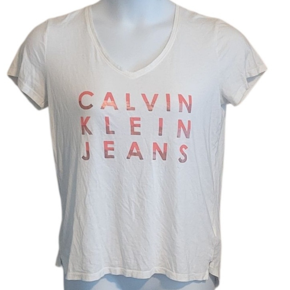 Calvin Klein Jeans Women's White T-Shirt with Pink Logo